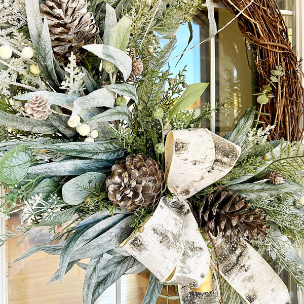 Christmas Winter Wreath Neutral Green Evergreen Pine & Pine Cones with Bells and Berries Farmhouse Decor for Front Door