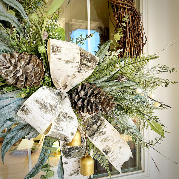 Christmas Winter Wreath Neutral Green Evergreen Pine & Pine Cones with Bells and Berries Farmhouse Decor for Front Door