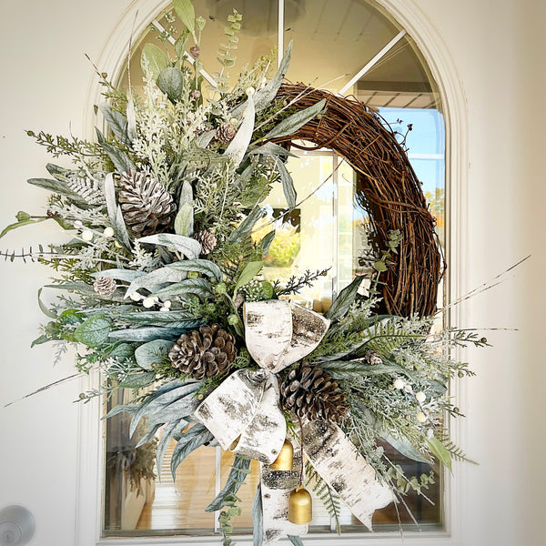 Christmas Winter Wreath Neutral Green Evergreen Pine & Pine Cones with Bells and Berries Farmhouse Decor for Front Door