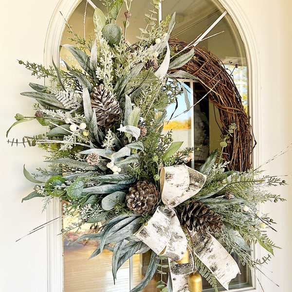 Christmas Winter Wreath Neutral Green Evergreen Pine & Pine Cones with Bells and Berries Farmhouse Decor for Front Door