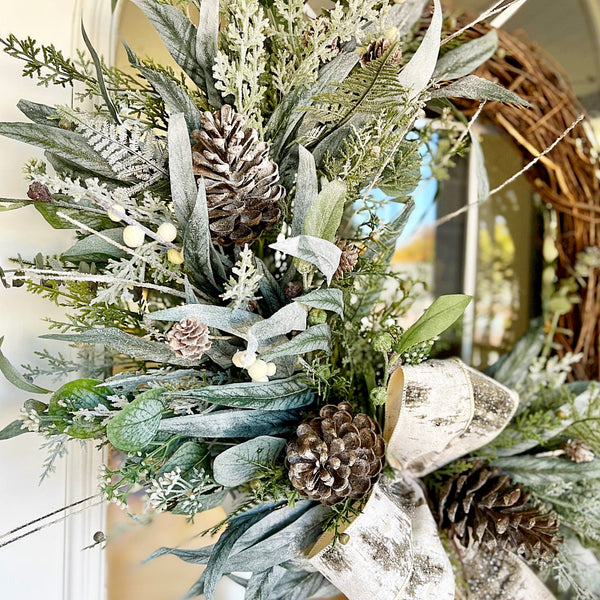 Christmas Winter Wreath Neutral Green Evergreen Pine & Pine Cones with Bells and Berries Farmhouse Decor for Front Door