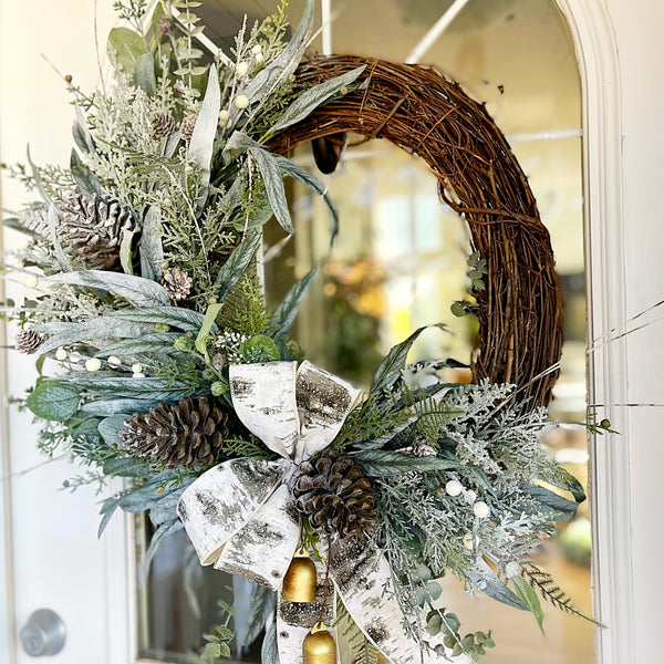 Christmas Winter Wreath Neutral Green Evergreen Pine & Pine Cones with Bells and Berries Farmhouse Decor for Front Door