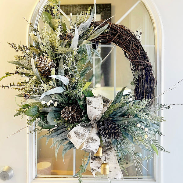 Christmas Winter Wreath Neutral Green Evergreen Pine & Pine Cones with Bells and Berries Farmhouse Decor for Front Door
