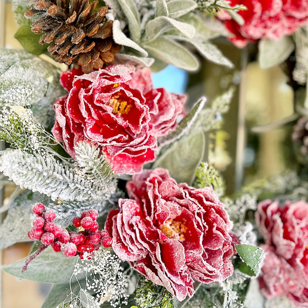 Christmas Winter Wreath Frosted Peonies & Lambs Ear with Pine Cones and Frosted Pine Needles Welcome Farmhouse for Front Door