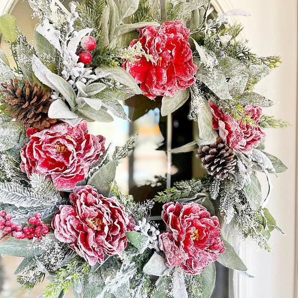 Christmas Winter Wreath Frosted Peonies & Lambs Ear with Pine Cones and Frosted Pine Needles Welcome Farmhouse for Front Door
