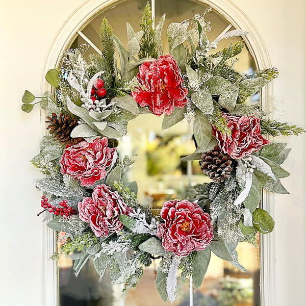 Christmas Winter Wreath Frosted Peonies & Lambs Ear with Pine Cones and Frosted Pine Needles Welcome Farmhouse for Front Door