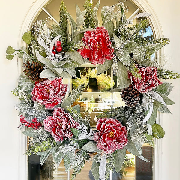 Christmas Winter Wreath Frosted Peonies & Lambs Ear with Pine Cones and Frosted Pine Needles Welcome Farmhouse for Front Door