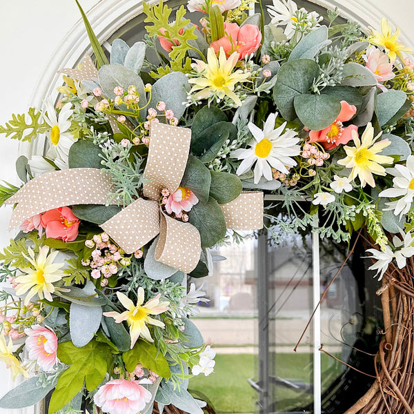 Spring Wreath Summer Everyday Mixed Wildflowers Lambs Ear with Burlap Polkadot Ribbon and Daisies Welcome Farmhouse Front Door Easter