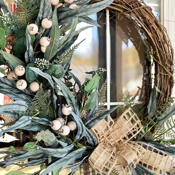 Everyday Cream Berries & Burlap Ribbon Wreath