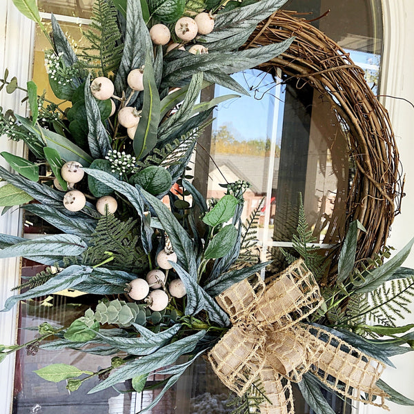 Everyday Cream Berries & Burlap Ribbon Wreath