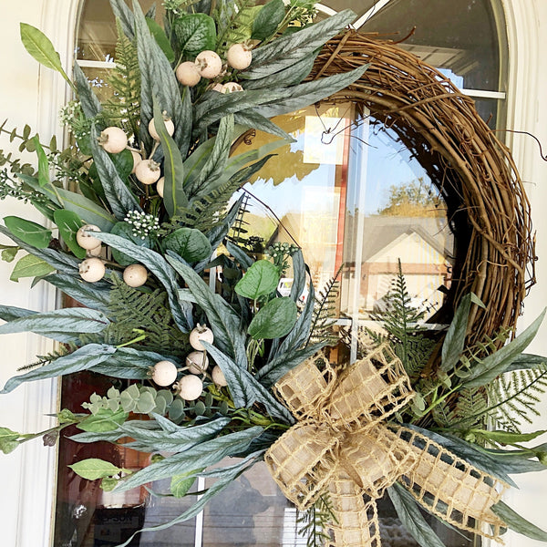 Everyday Cream Berries & Burlap Ribbon Wreath