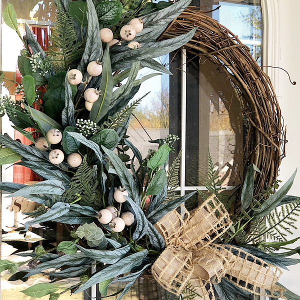 Everyday Cream Berries & Burlap Ribbon Wreath