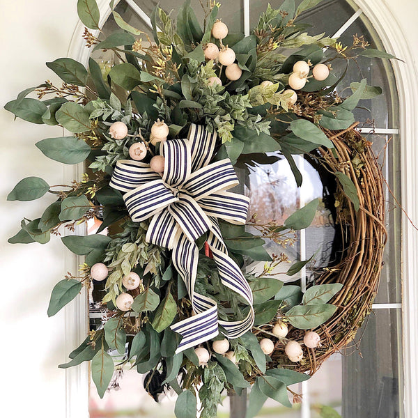 Everyday Cream Berries & Striped Ribbon Wreath