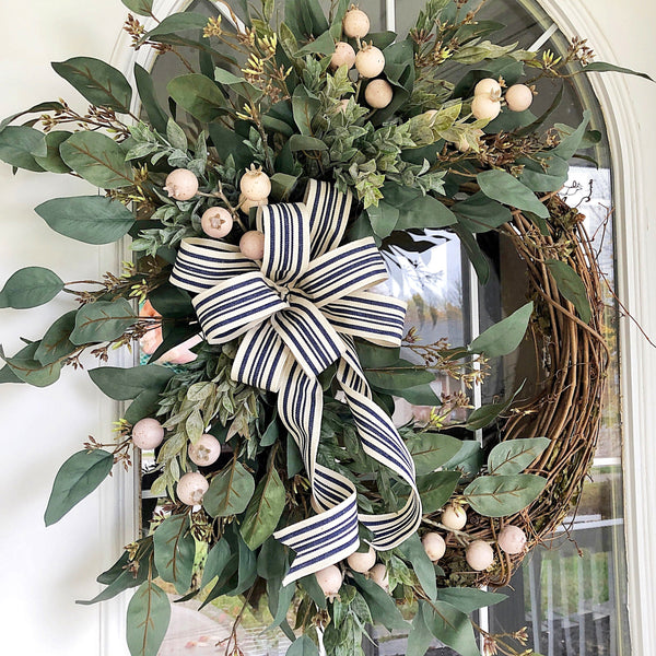 Everyday Cream Berries & Striped Ribbon Wreath