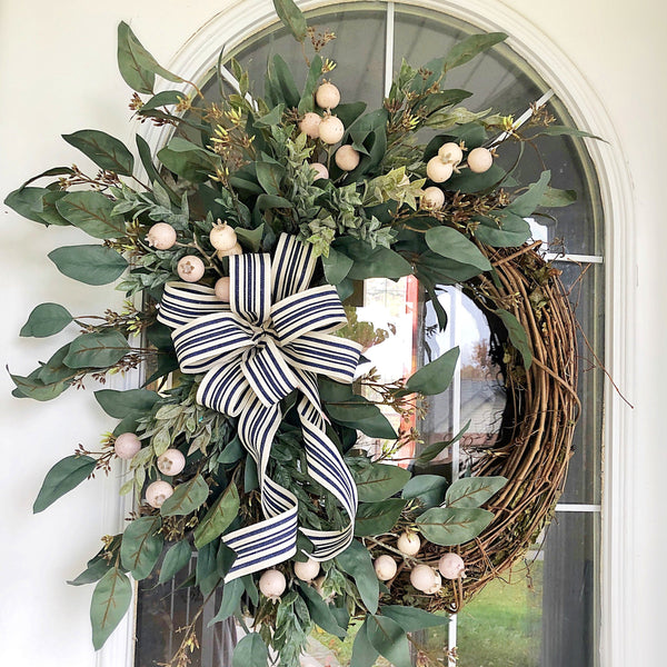 Everyday Cream Berries & Striped Ribbon Wreath
