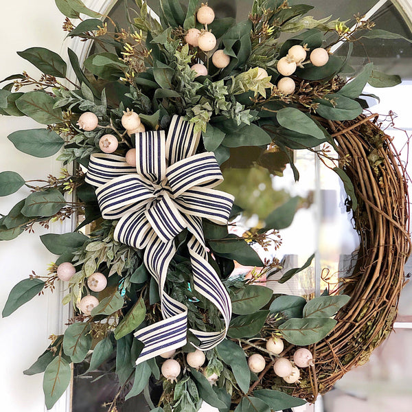 Everyday Cream Berries & Striped Ribbon Wreath