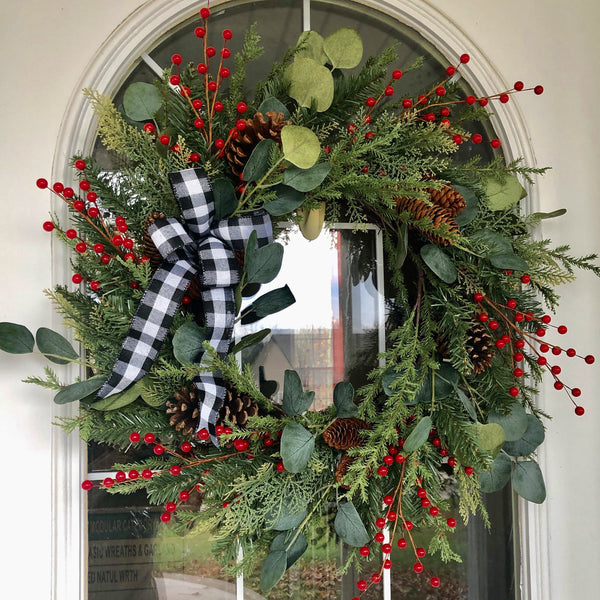 Christmas Winter Eucalyptus,Pine Cones & Red Berries with Buffalo Plaid Ribbon Wreath