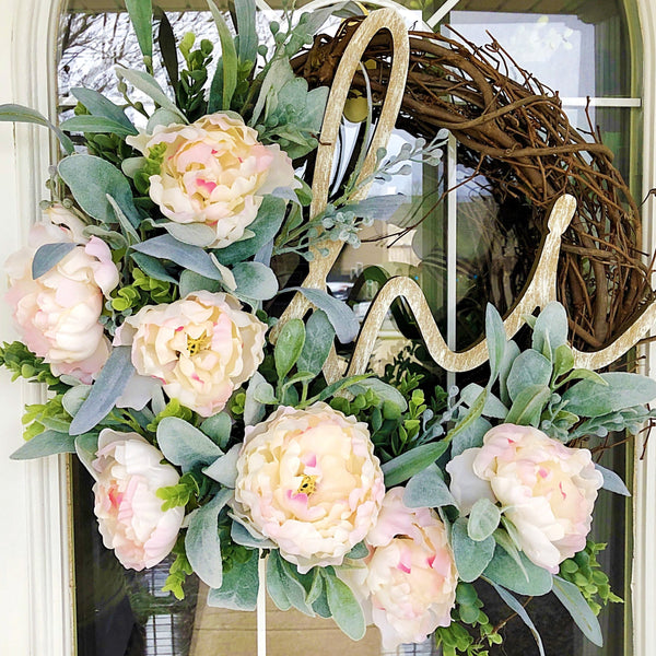 Peonies & Lambs Ear Wreath with Hi Wooden Sign Welcome Front Door Spring