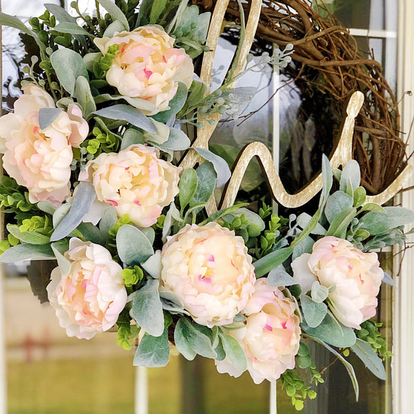 Peonies & Lambs Ear Wreath with Hi Wooden Sign Welcome Front Door Spring