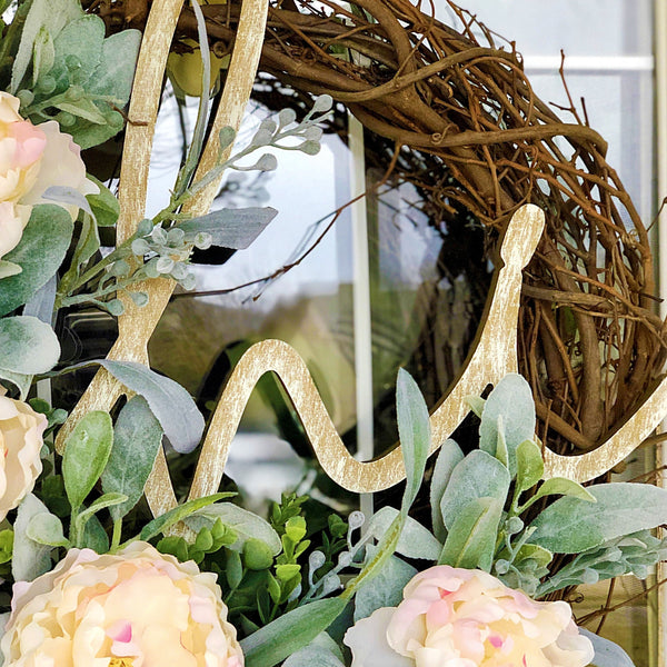 Peonies & Lambs Ear Wreath with Hi Wooden Sign Welcome Front Door Spring
