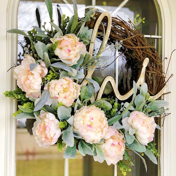 Peonies & Lambs Ear Wreath with Hi Wooden Sign Welcome Front Door Spring