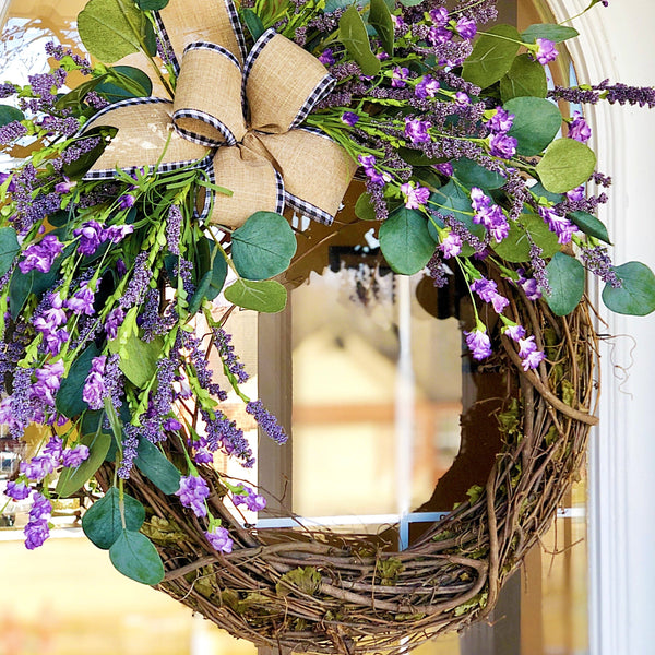 Everyday Spring Welcome Wreath with Purple Wildflowers & Burlap Buffalo Plaid Trimmed Ribbon