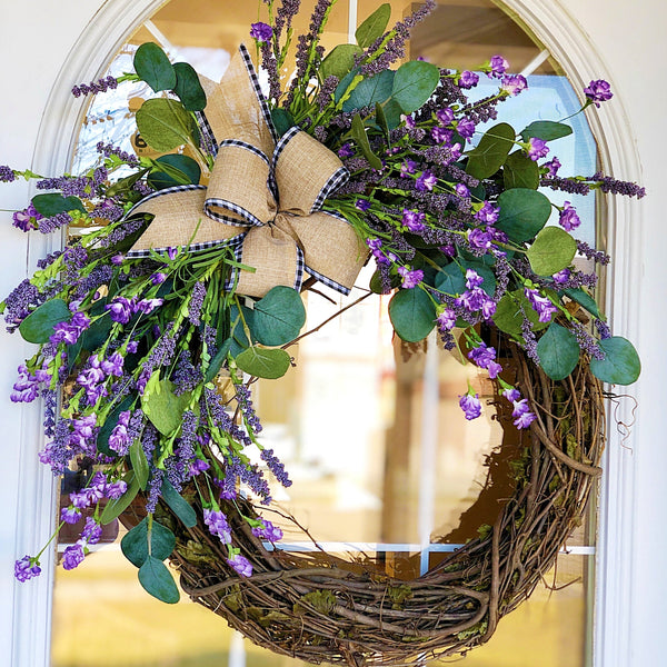Everyday Spring Welcome Wreath with Purple Wildflowers & Burlap Buffalo Plaid Trimmed Ribbon