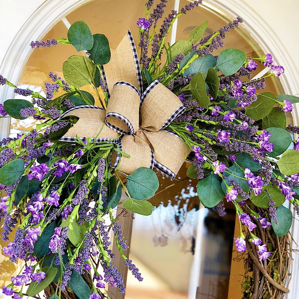 Everyday Spring Welcome Wreath with Purple Wildflowers & Burlap Buffalo Plaid Trimmed Ribbon