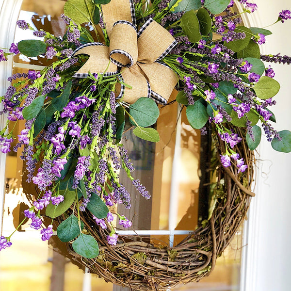 Everyday Spring Welcome Wreath with Purple Wildflowers & Burlap Buffalo Plaid Trimmed Ribbon