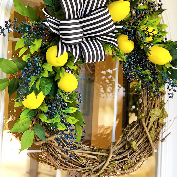 Summer wreath Lemons with Blue Berries for Front Door Fruit for Home Decor Everyday Striped Ribbon