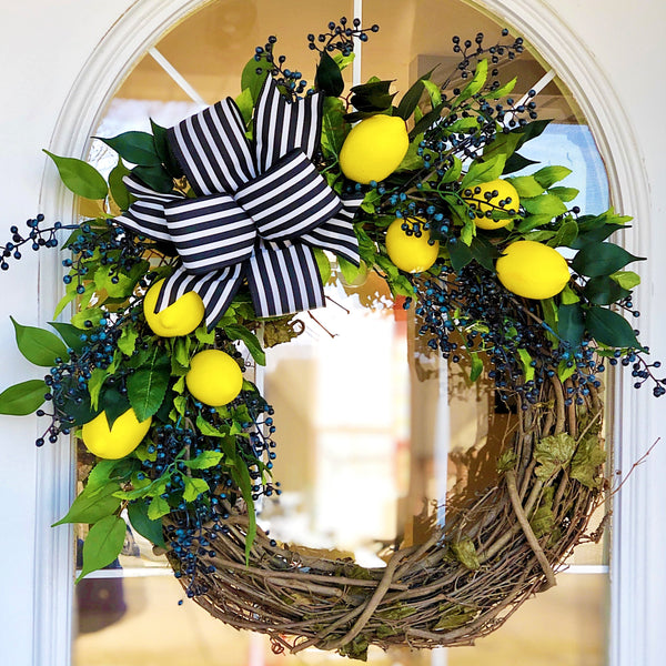 Summer wreath Lemons with Blue Berries for Front Door Fruit for Home Decor Everyday Striped Ribbon