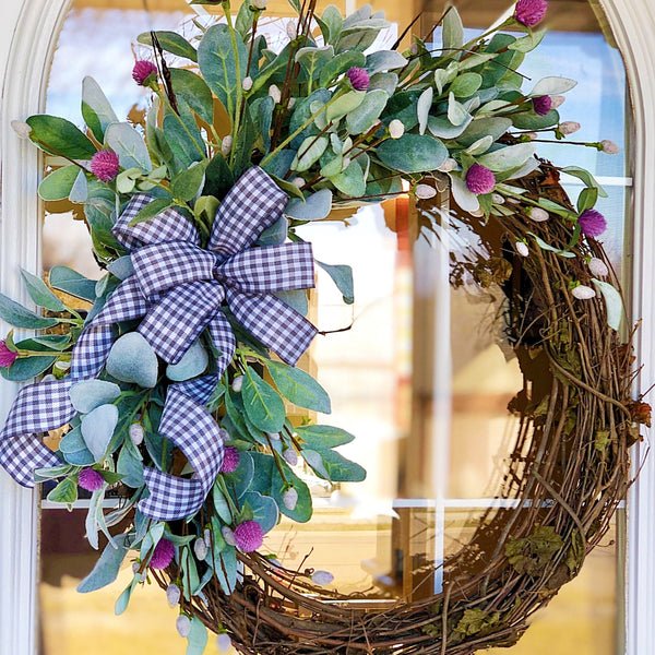 Everyday Spring Wreath with Purple Thistle & Gingham Ribbon Welcome Wreath