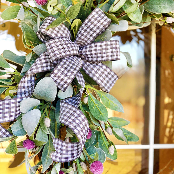 Everyday Spring Wreath with Purple Thistle & Gingham Ribbon Welcome Wreath