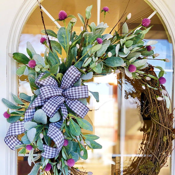 Everyday Spring Wreath with Purple Thistle & Gingham Ribbon Welcome Wreath