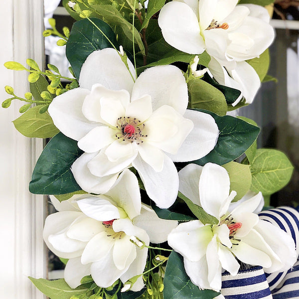 Spring and Summer Magnolia Wreath with Navy & White Striped Ribbon for Front Door Coastal