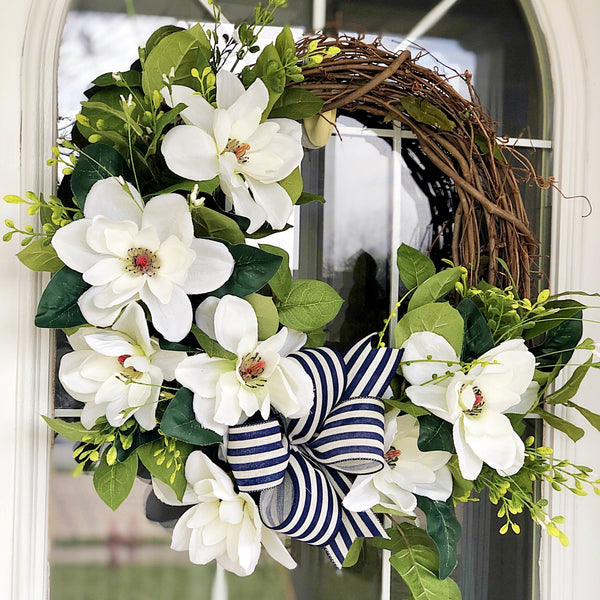 Spring and Summer Magnolia Wreath with Navy & White Striped Ribbon for Front Door Coastal