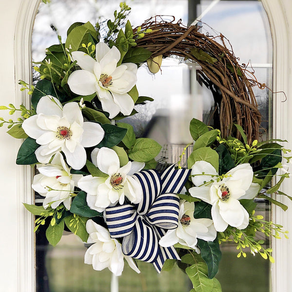 Spring and Summer Magnolia Wreath with Navy & White Striped Ribbon for Front Door Coastal