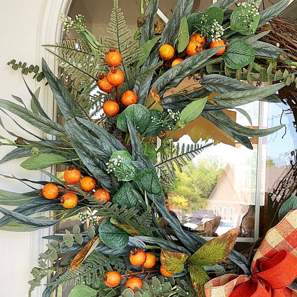 Fall Wreath Berries & Plaid Ribbon Neutral Welcome Front Door Cottage Farmhouse