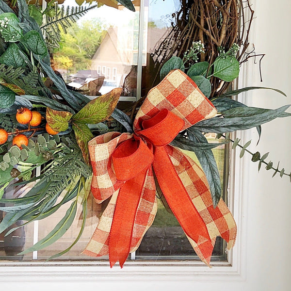 Fall Wreath Berries & Plaid Ribbon Neutral Welcome Front Door Cottage Farmhouse
