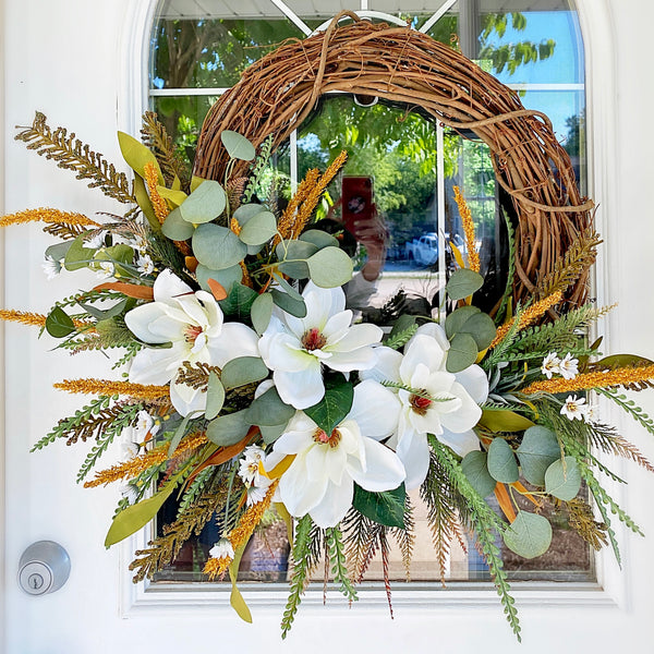 Summer Fall Magnolia Wreath with Cattails & Eucalyptus for Front Door Farmhouse Boho