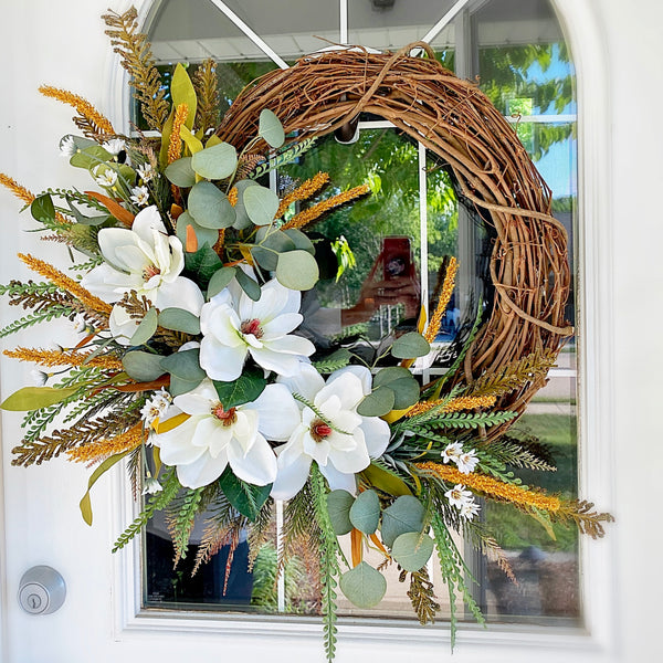Summer Fall Magnolia Wreath with Cattails & Eucalyptus for Front Door Farmhouse Boho