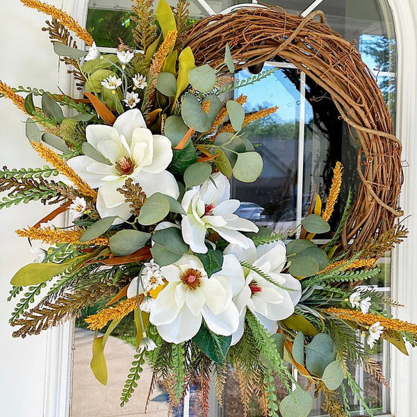 Summer Fall Magnolia Wreath with Cattails & Eucalyptus for Front Door Farmhouse Boho