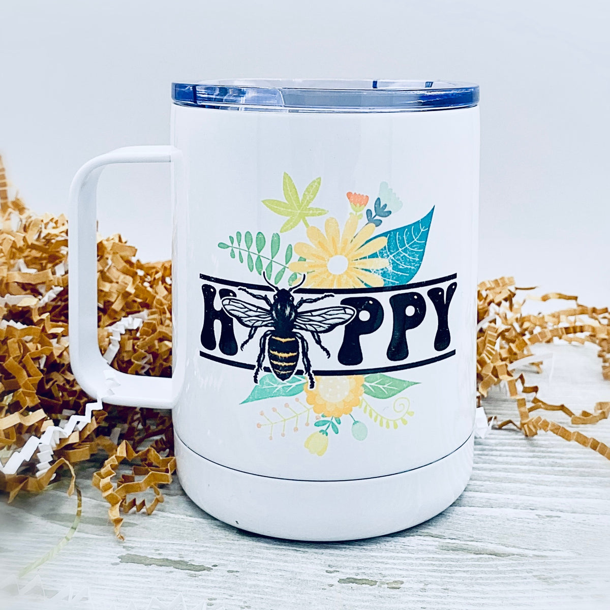 Bee Happy 10 oz. Stainless Steel & Enamel Coffee Mug with Lid – Brownbottle  Burlap