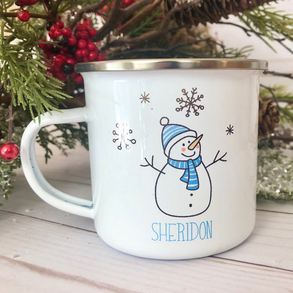 Kids Personalized 12 oz. Stainless Steel & Enamel Camp Mug with Snowman