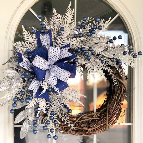 Christmas or Hanukkah Wreath Winter Silver & Blue with Berries, Layered Wired Ribbon Wreath