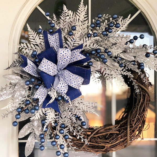 Christmas or Hanukkah Wreath Winter Silver & Blue with Berries, Layered Wired Ribbon Wreath