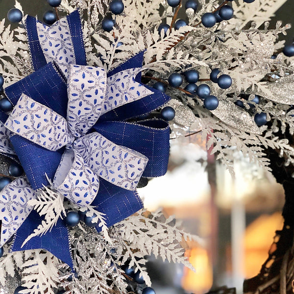 Christmas or Hanukkah Wreath Winter Silver & Blue with Berries, Layered Wired Ribbon Wreath