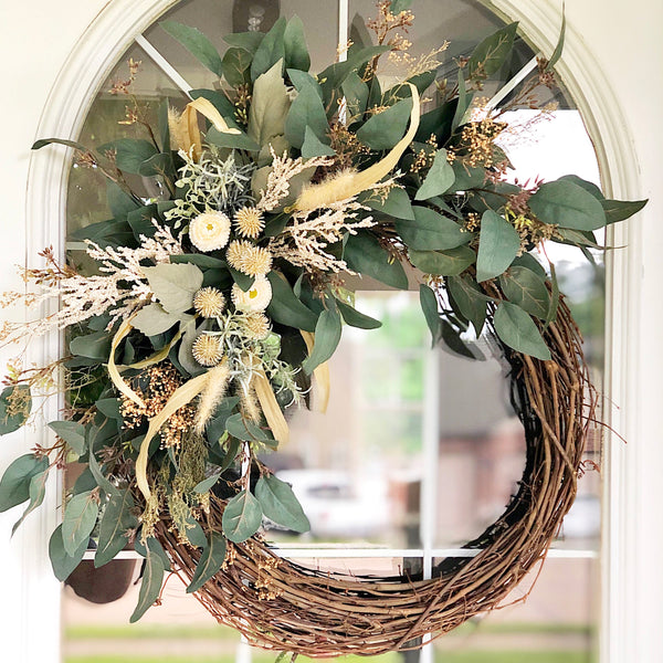 Fall Boho Wreath with Lambs Ear & Eucalyptus Welcome Farmhouse Front Door Modern Boho Gift