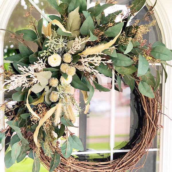 Fall Boho Wreath with Lambs Ear & Eucalyptus Welcome Farmhouse Front Door Modern Boho Gift