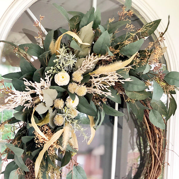 Fall Boho Wreath with Lambs Ear & Eucalyptus Welcome Farmhouse Front Door Modern Boho Gift
